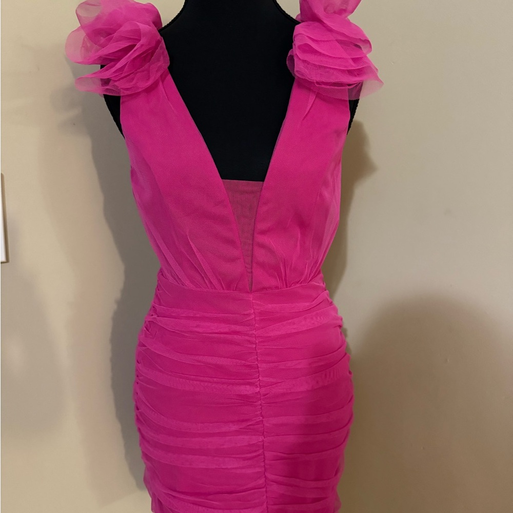 Lulu's Neon Pink Ruffled Shoulder Ruched Mini Dress - Picture 3 of 4